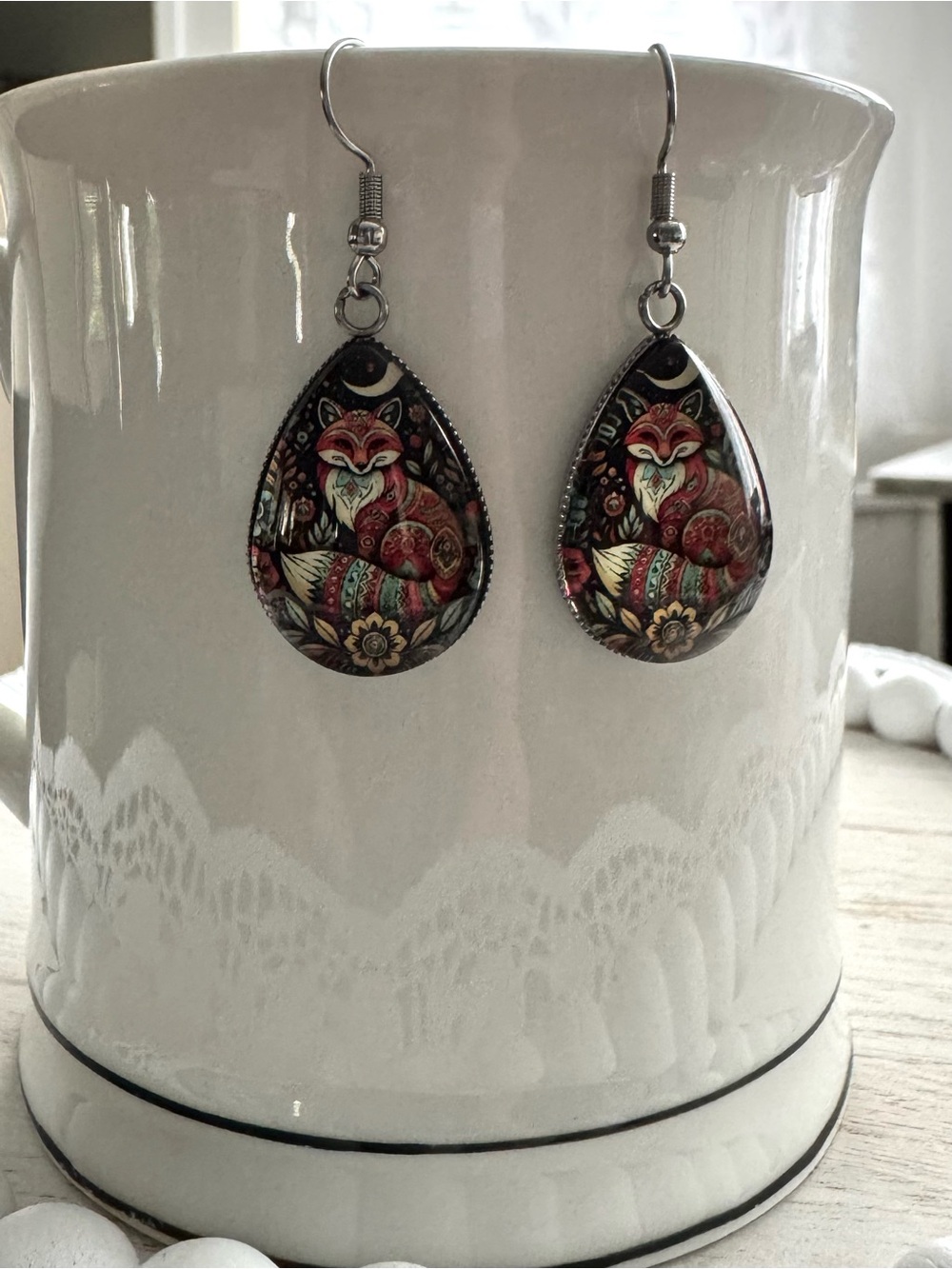Handcrafted Red Fox Teardrop Earrings Artisan Jewelry teardrop pendent 1” - Picture 3 of 4